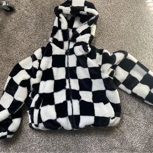 Checker Print Fluffy Puffer Jacket